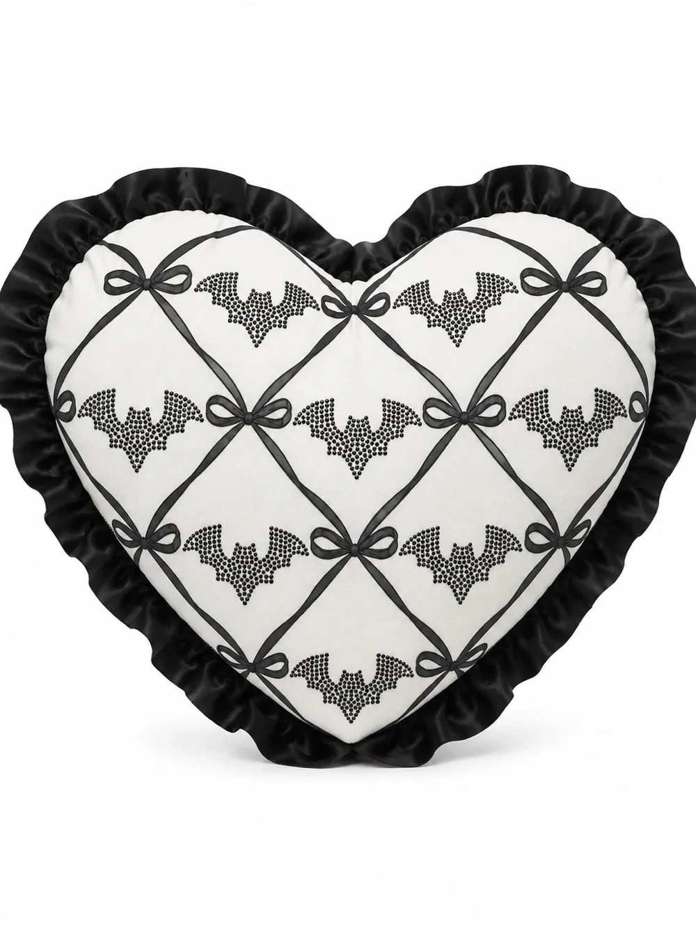 New! Black and White Heart Shaped Bow Ribbon & Bat Throw Pillow w/ Rhinestones